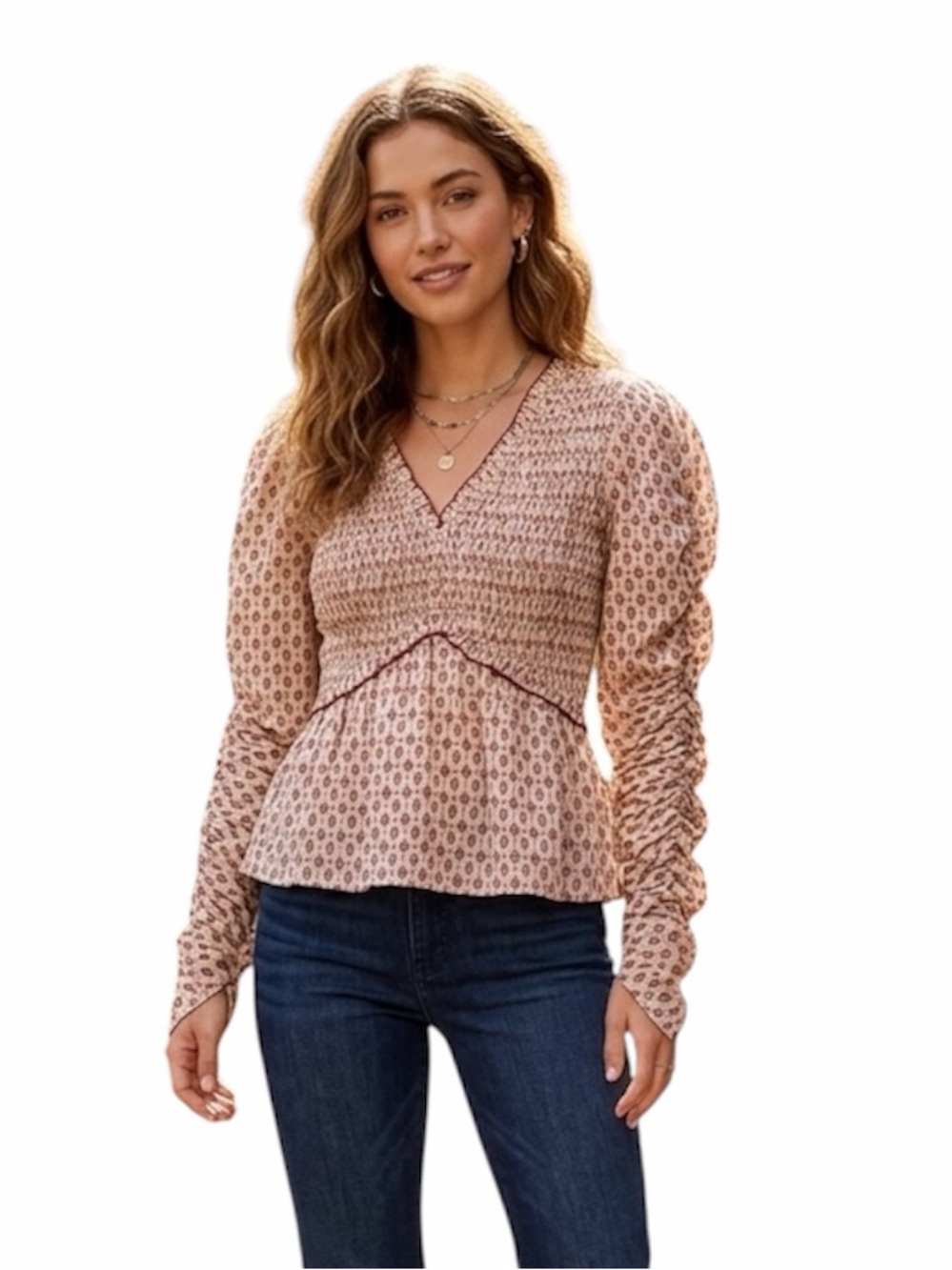 Anniewear Smocked V-Neck Peplum Blouse